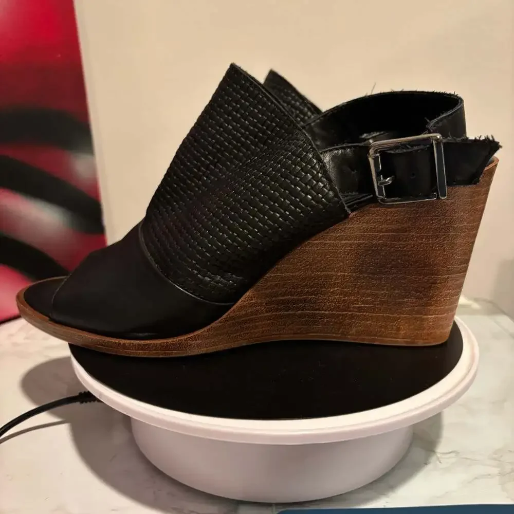 Sophia Milano Black Leather Woven Peep Toe Wedge Sandals